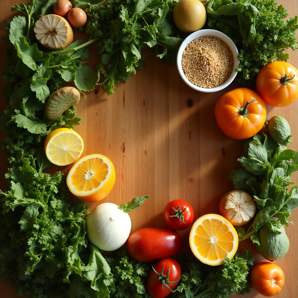 Fresh wholesome foods arranged on a wooden surface representing balanced nutrition