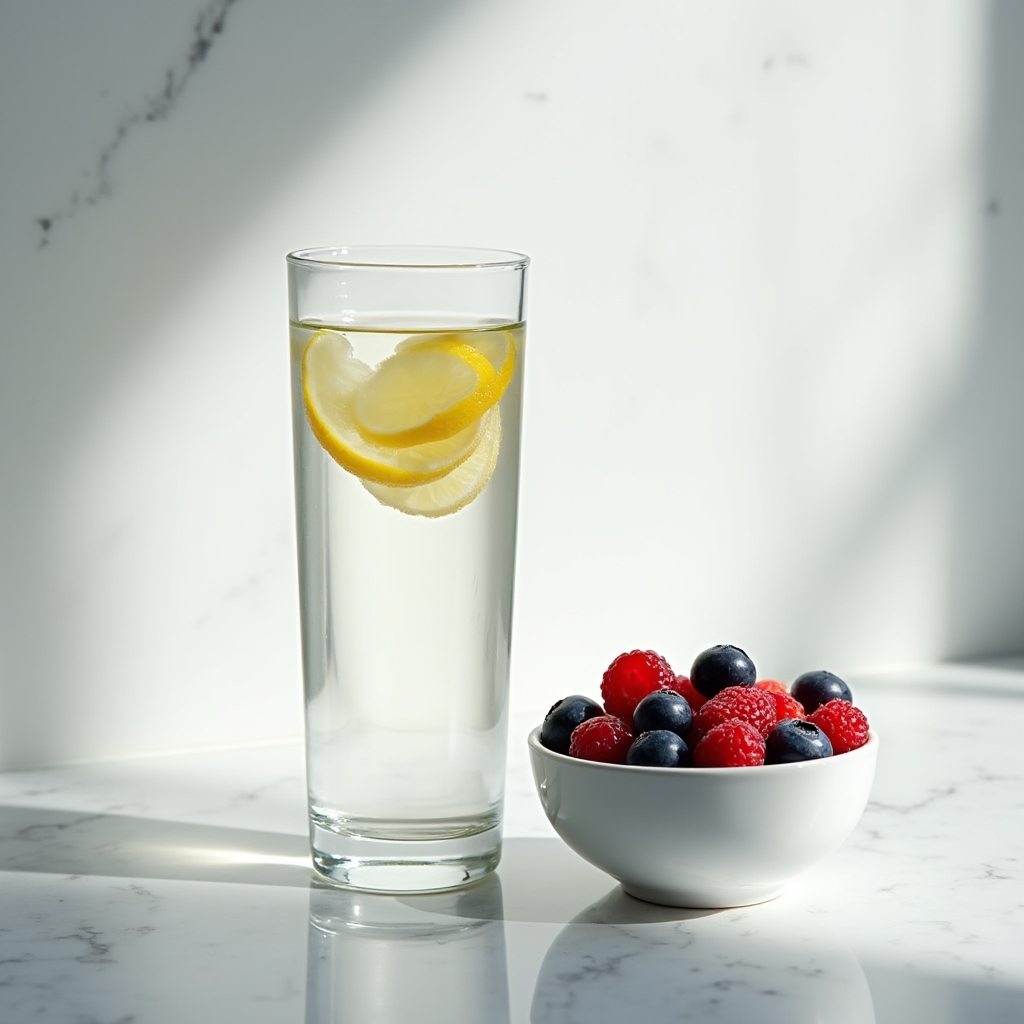 Clear glass of water with lemon slices beside a bowl of mixed berries on a marble surface in soft morning light representing daily hydration habits
