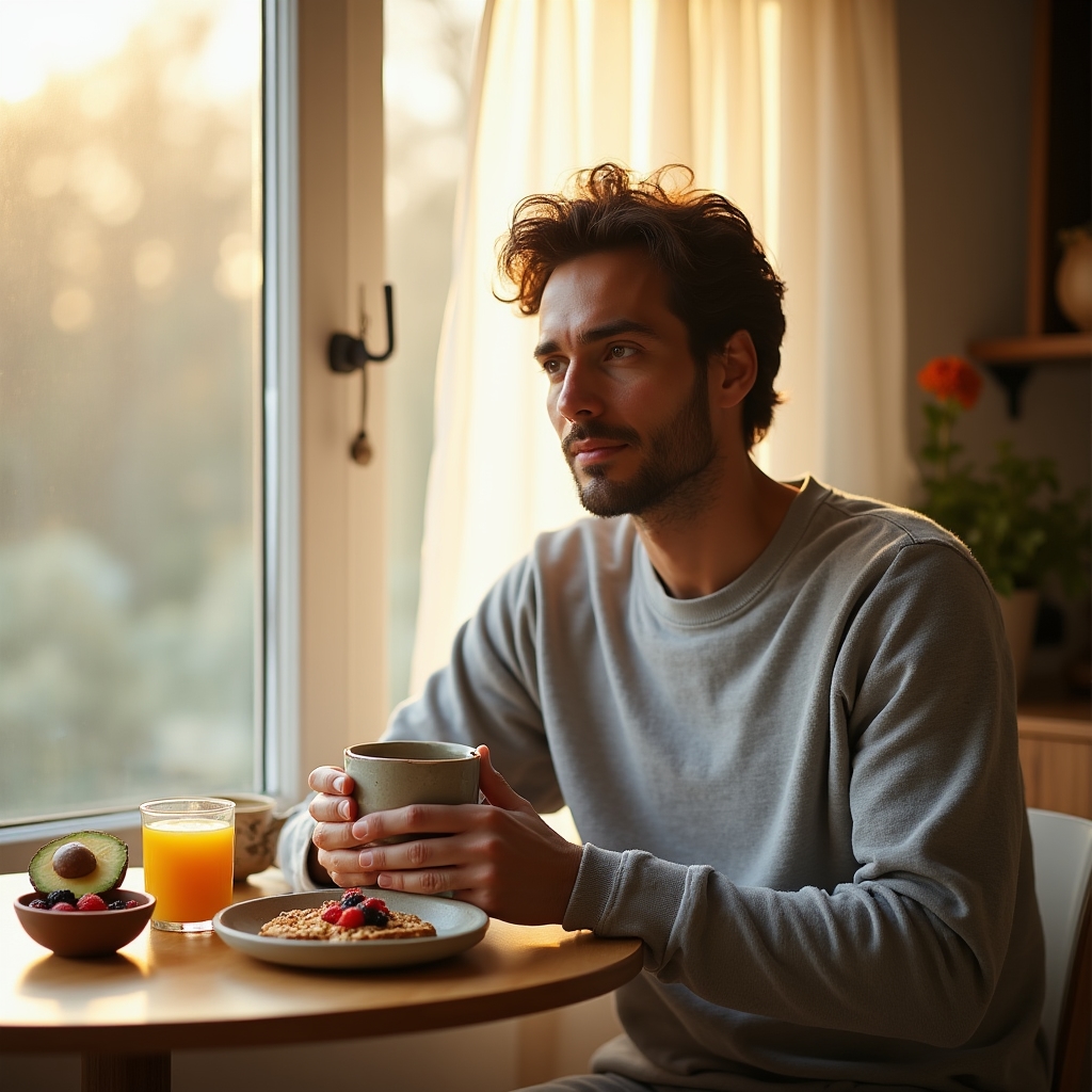 Person enjoying a nutritious breakfast at a bright kitchen table with natural light streaming through windows