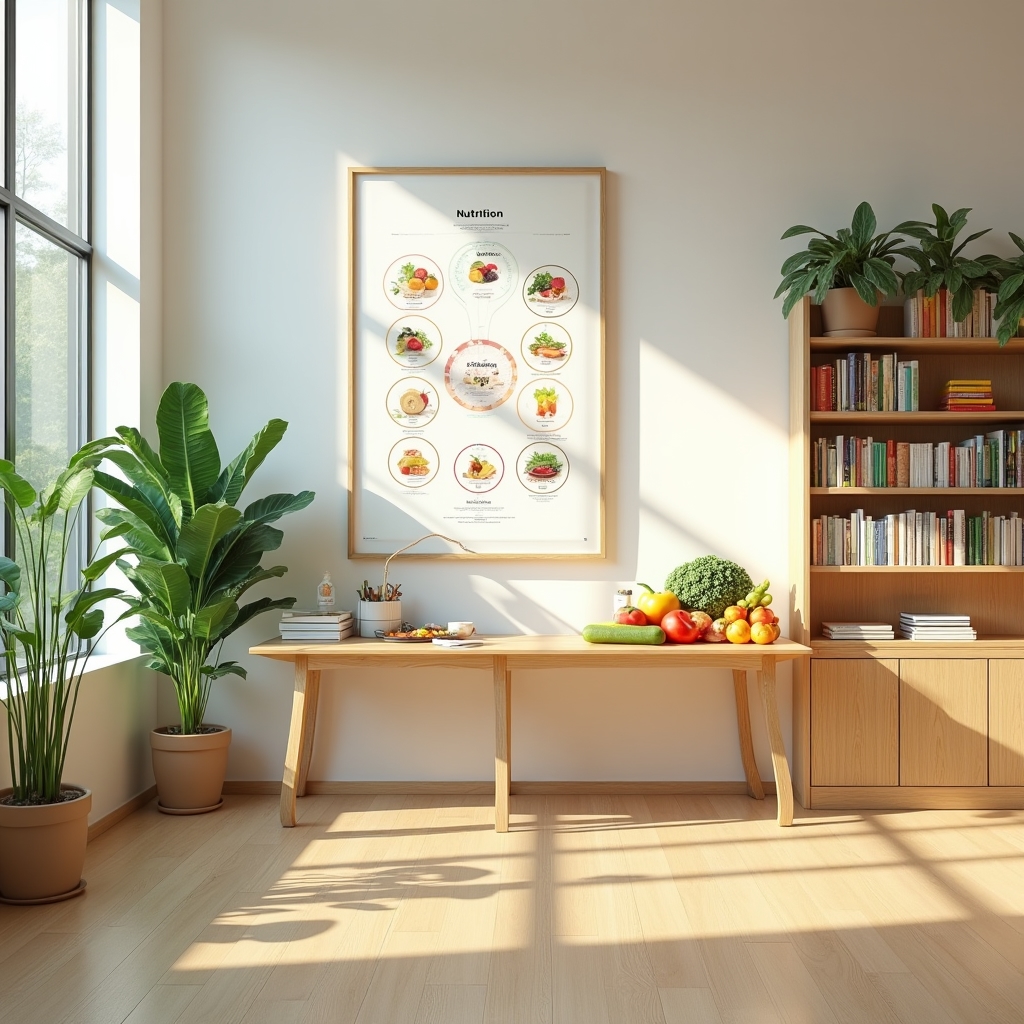 Bright educational space with nutrition books, fresh produce, and natural light creating a calm learning environment