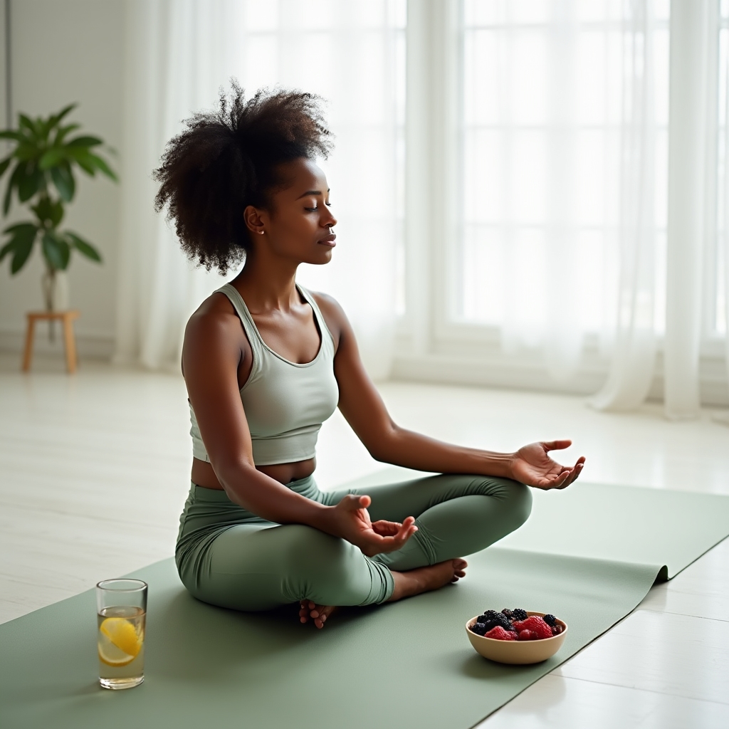 Calm recovery scene with a person resting on a yoga mat with a glass of water and fruit nearby in soft natural light